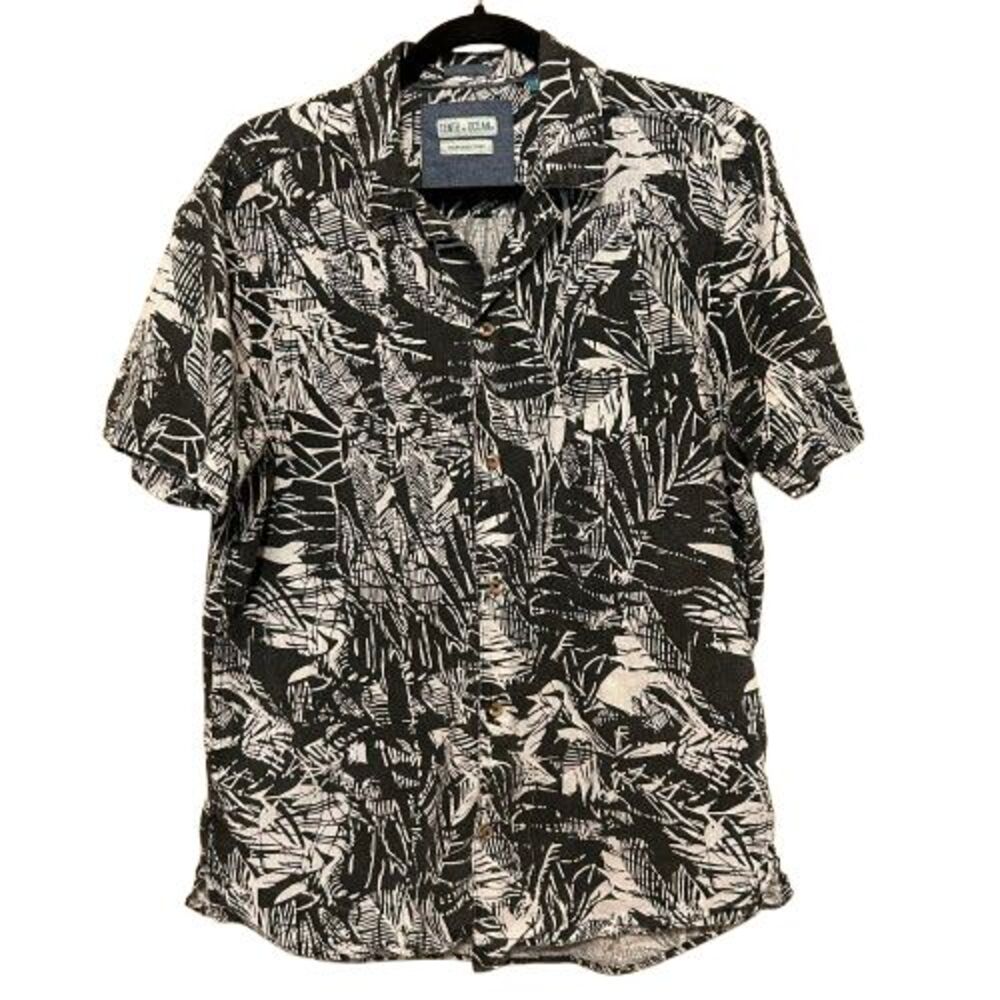 Tenth + Ocean Linen Cotton Short Sleeve Button Up Shirt Medium Leaf Print Beachy